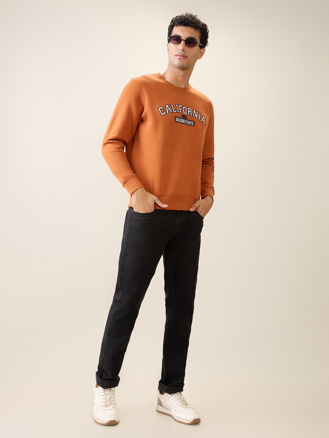 Parx Men Orange Graphic Regular Fit Cotton Blend Full Sleeve Round Neck Collar Sweatshirt