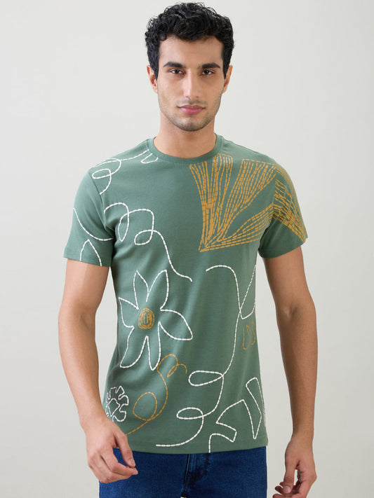 Parx Men Green Graphic Regular Fit Cotton Half Sleeve T-Shirt
