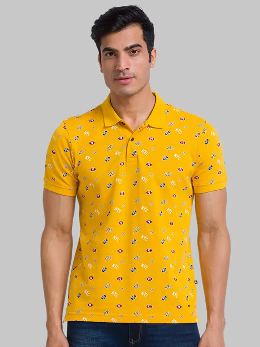 Men Yellow Regular Fit Print Cotton Round Neck Collar Polo T-Shirt