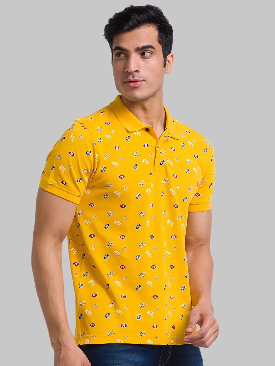 Men Yellow Regular Fit Print Cotton Round Neck Collar Polo T-Shirt