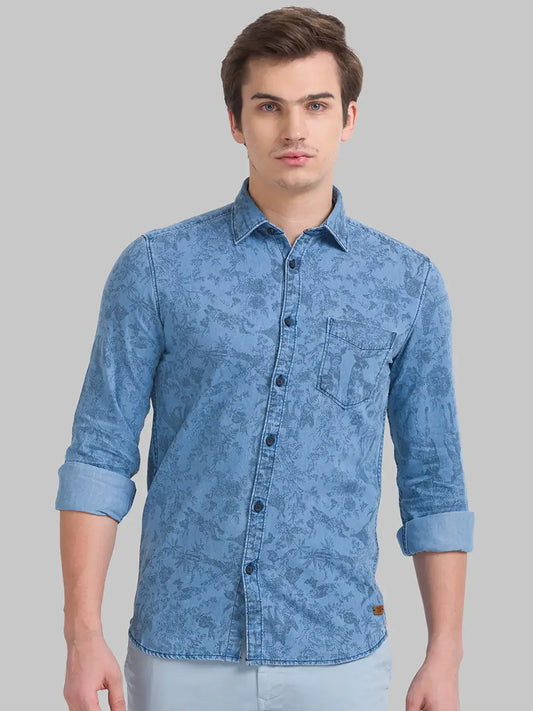 Men Blue Slim Fit Print Cotton Full Sleeve Shirts