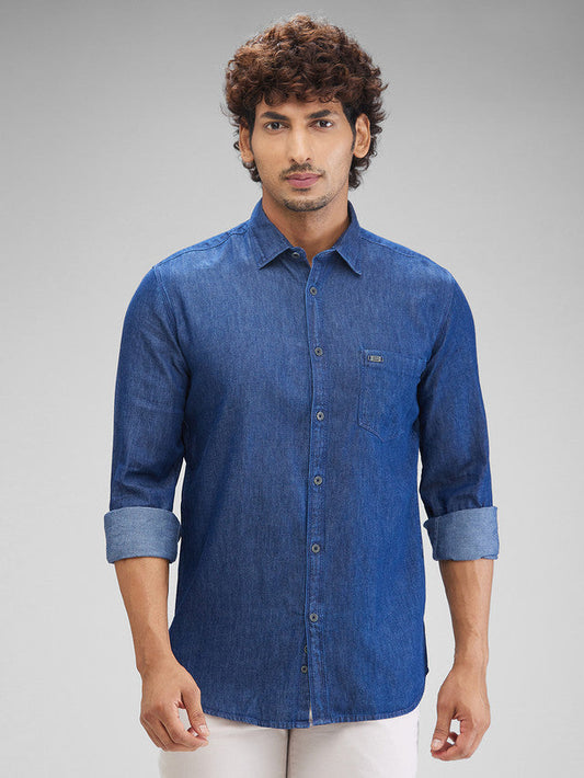 Parx Blue Solid Slim Fit Cotton Casual Shirt