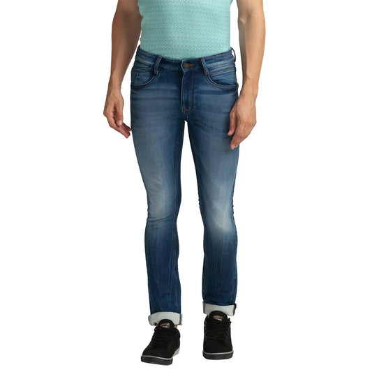 Men Blue Skinny Cropped Fit Plain Cotton Blend Jeans