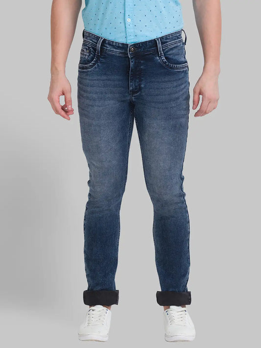 Men Blue Slim Tapered Fit Dobby Cotton Blend Jeans