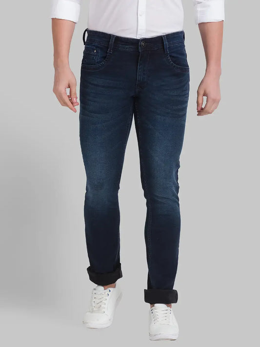 Men Blue Skinny Cropped Fit Dobby Cotton Blend Jeans