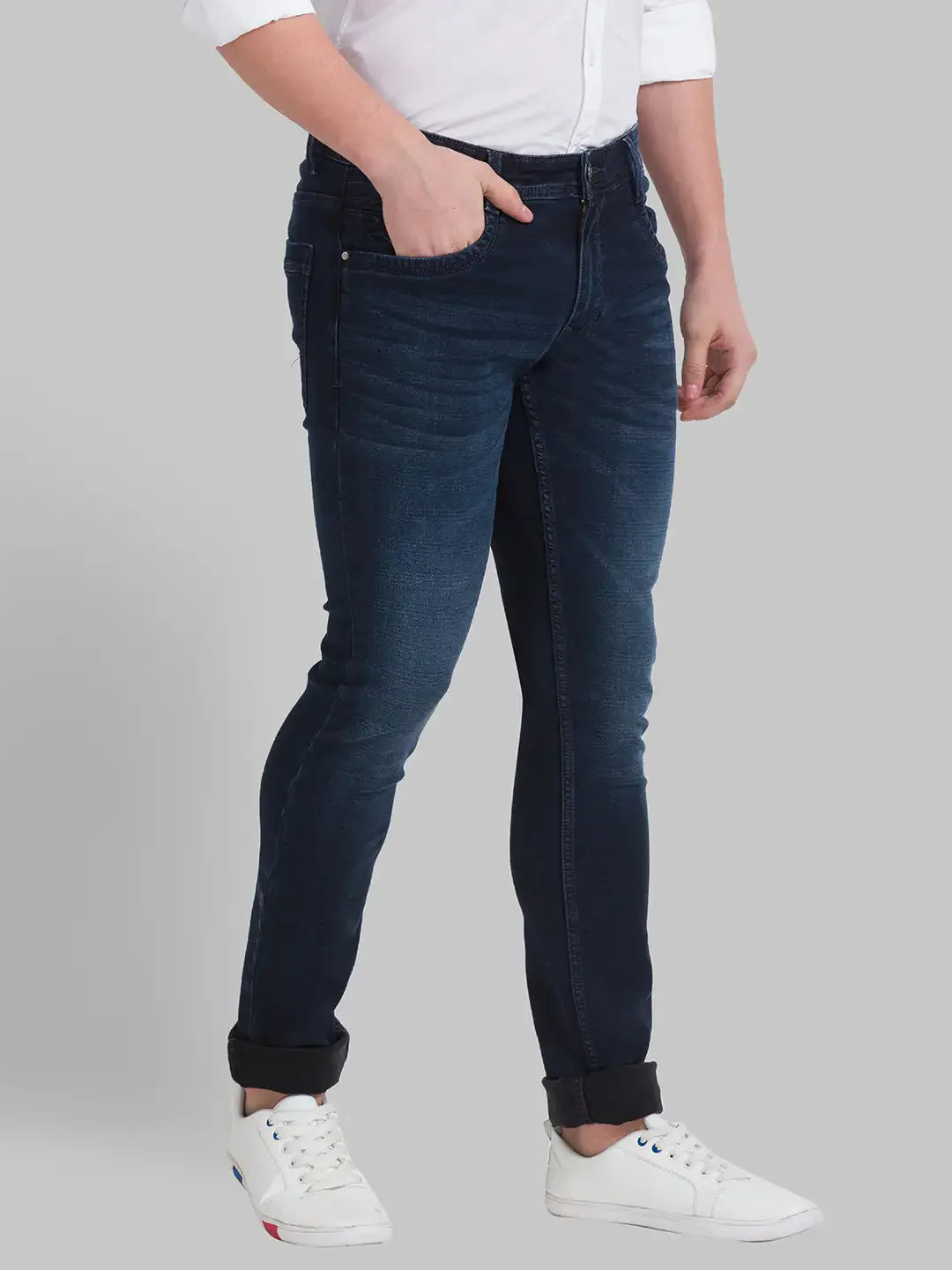 Men Blue Skinny Cropped Fit Dobby Cotton Blend Jeans