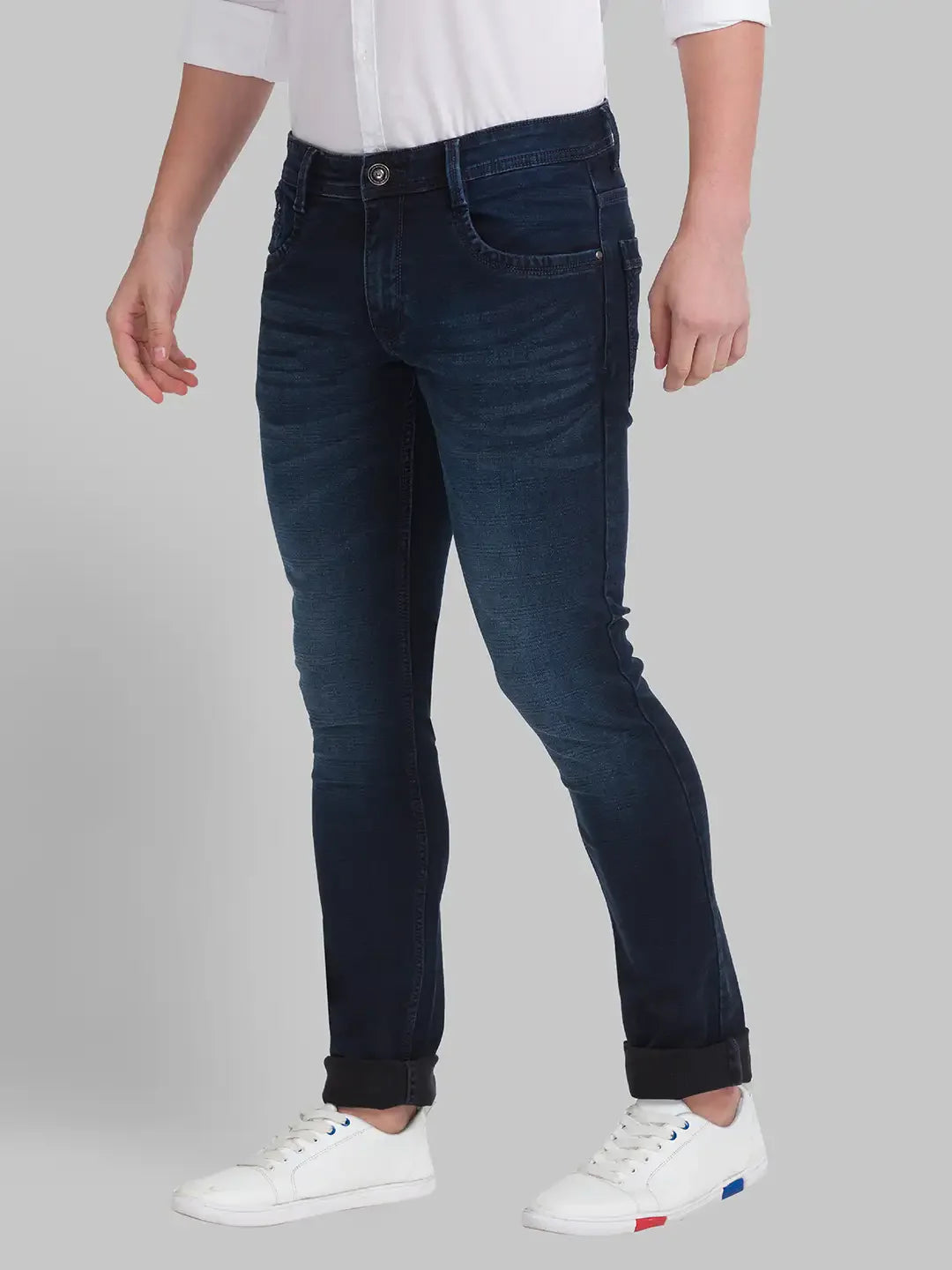 Men Blue Skinny Cropped Fit Dobby Cotton Blend Jeans
