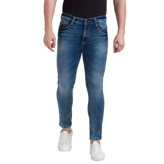 Men Blue Skinny Cropped Fit Dobby Cotton Blend Jeans