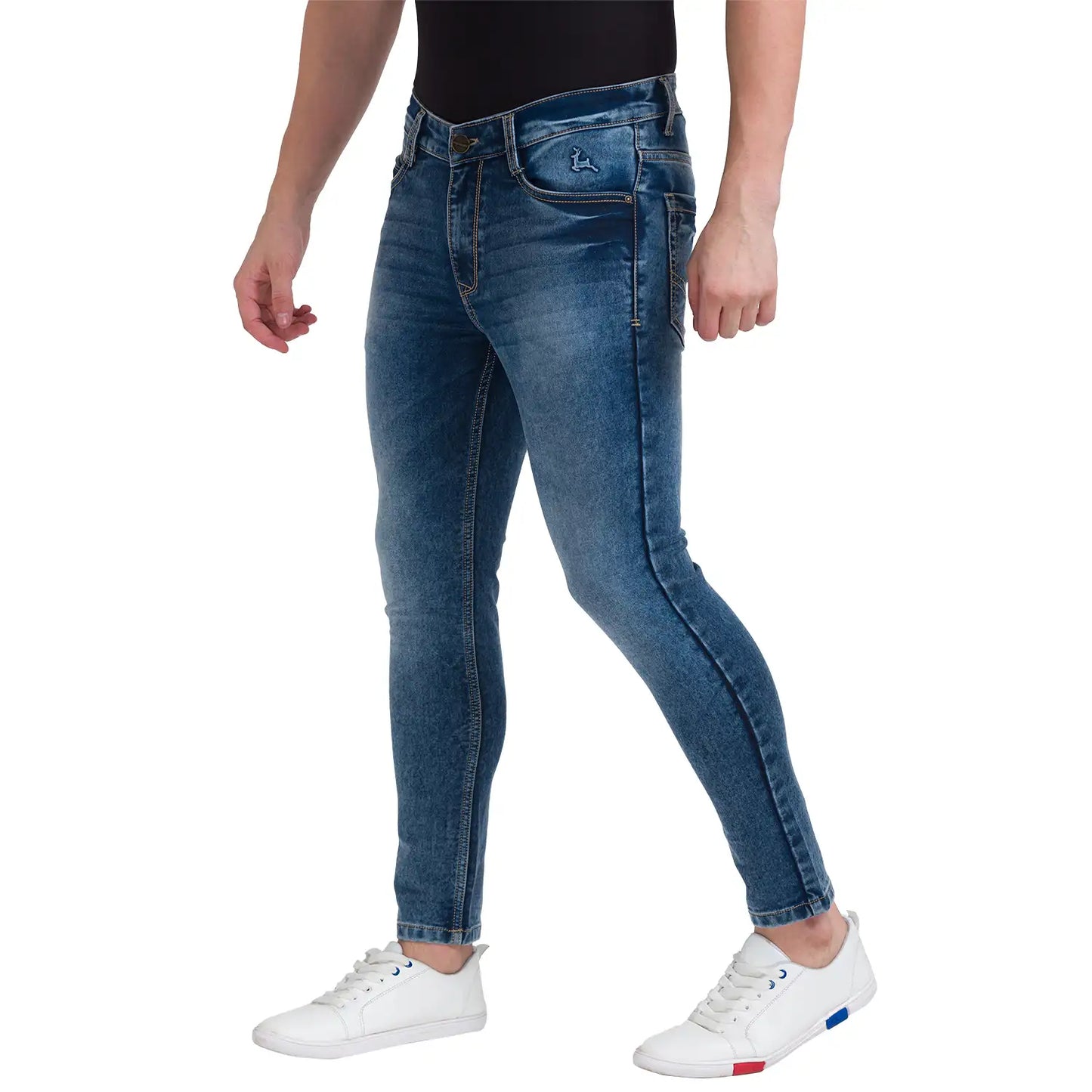 Men Blue Skinny Cropped Fit Dobby Cotton Blend Jeans