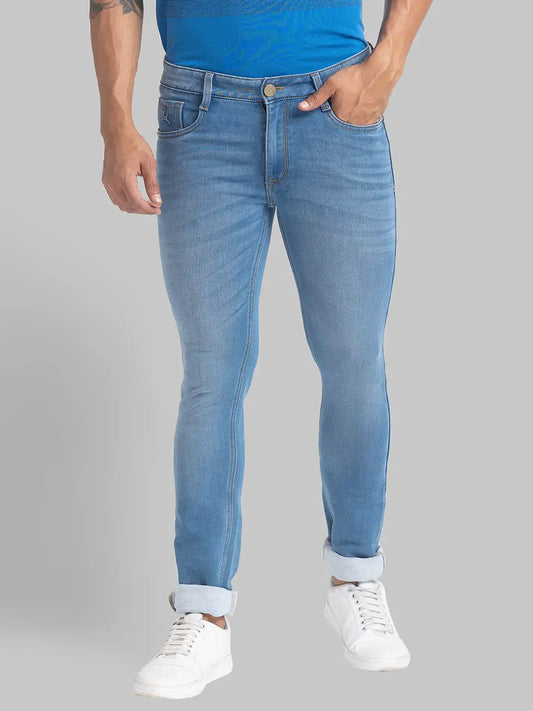 Men Blue Skinny Cropped Fit Plain Cotton Blend Jeans