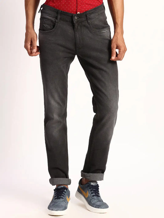 Men Black Slim Tapered Fit Plain Cotton Blend Jeans