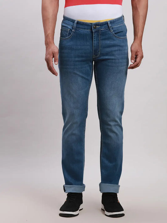 Parx Men Blue Plain Slim Tapered Fit Cotton Blend Jeans
