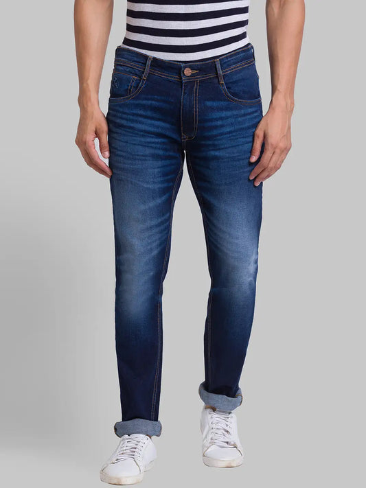 Men Blue Skinny Cropped Fit Jacquard Cotton Blend Jeans