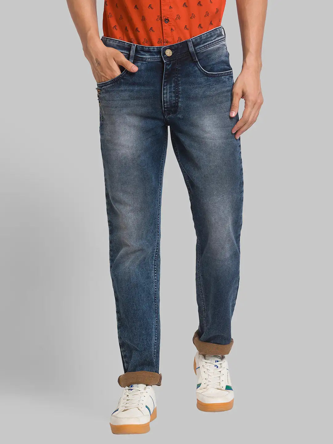 Parx Men Blue Jacquard Slim Tapered Fit Cotton Blend Jeans