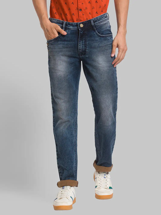 Parx Men Blue Jacquard Slim Tapered Fit Cotton Blend Jeans
