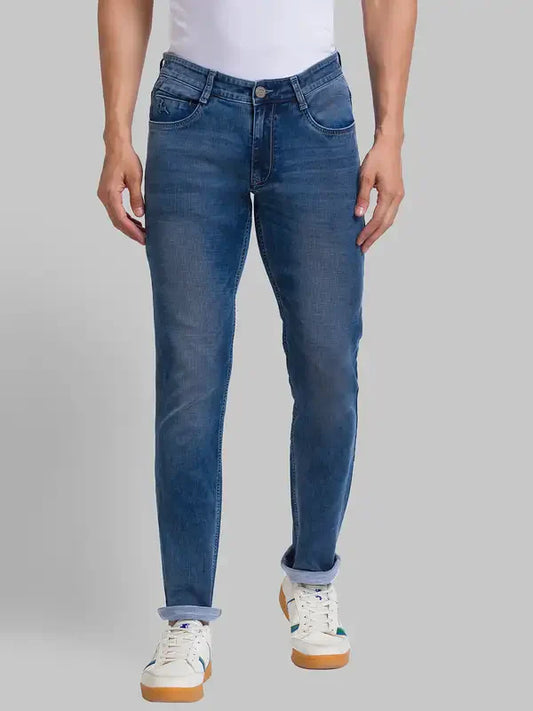 Men Blue Slim Tapered Fit Jacquard Cotton Blend Jeans