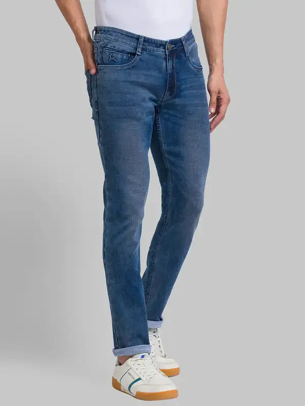 Men Blue Slim Tapered Fit Jacquard Cotton Blend Jeans