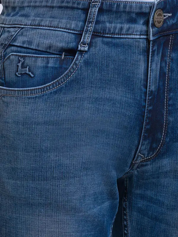 Men Blue Slim Tapered Fit Jacquard Cotton Blend Jeans