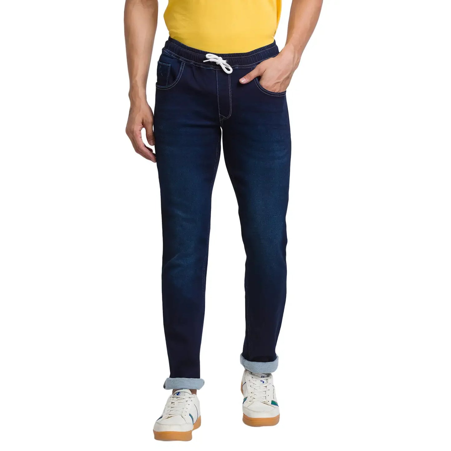 Men Blue Jogger Fit Jacquard Cotton Blend Jeans