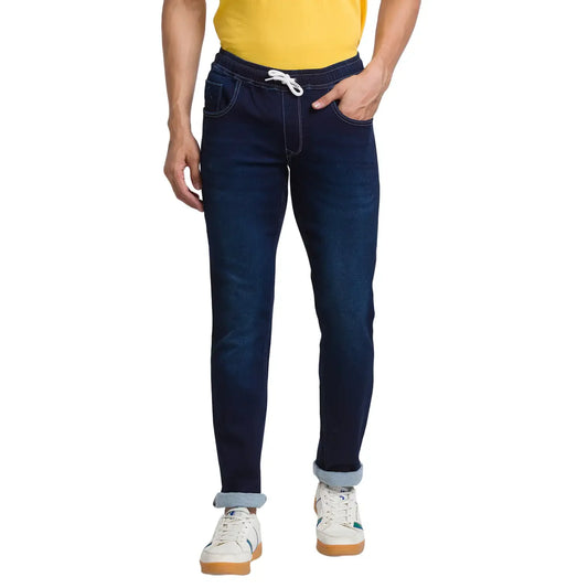 Men Blue Jogger Fit Jacquard Cotton Blend Jeans