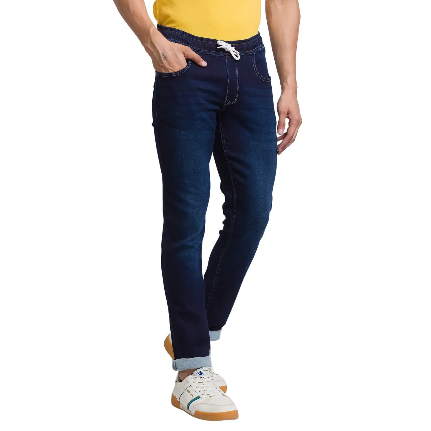 Men Blue Jogger Fit Jacquard Cotton Blend Jeans