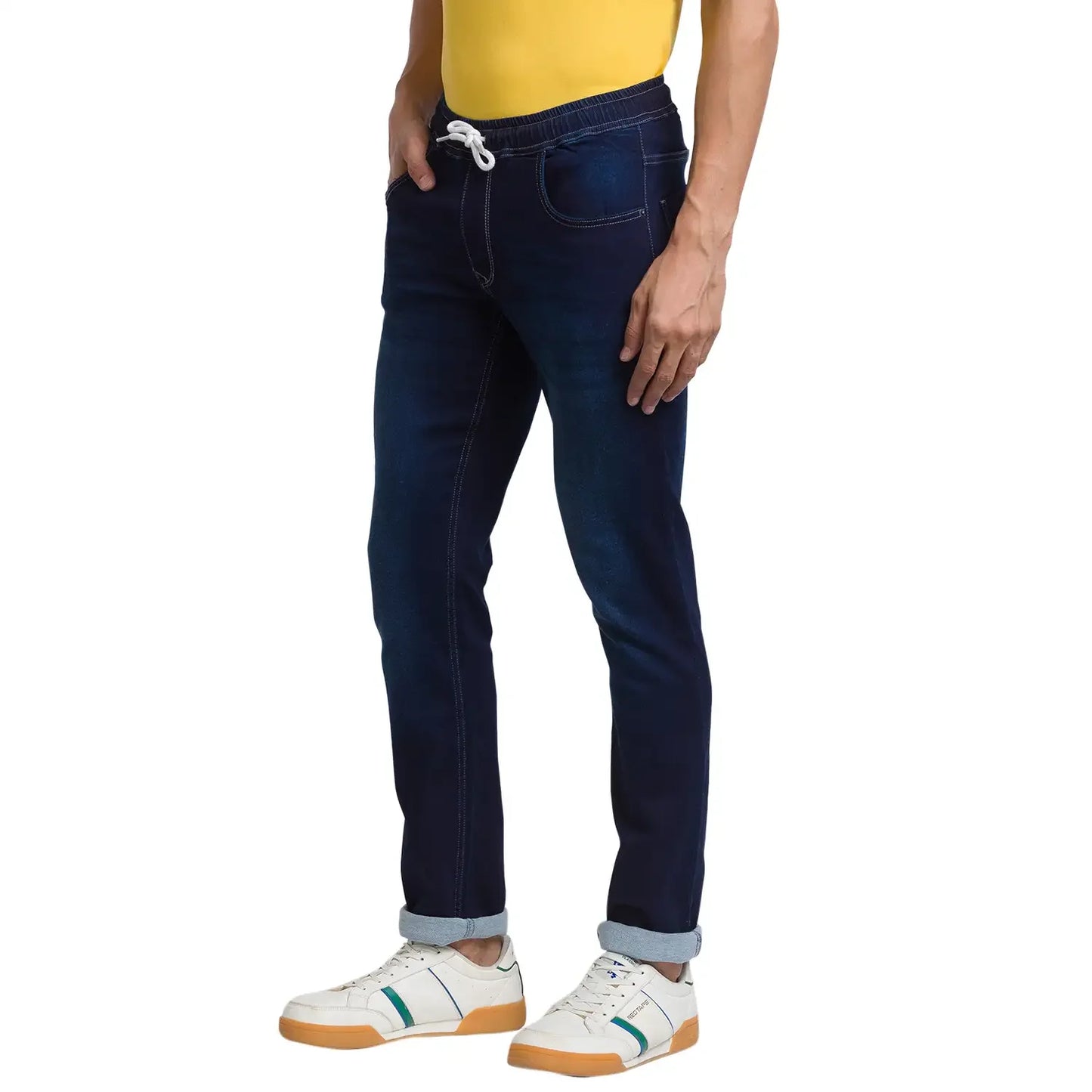 Men Blue Jogger Fit Jacquard Cotton Blend Jeans