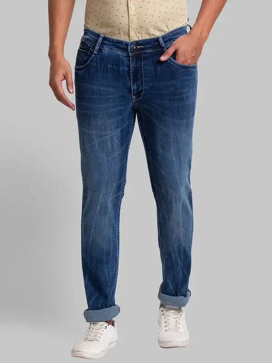 Men Blue Slim Tapered Fit Jacquard Cotton Blend Jeans