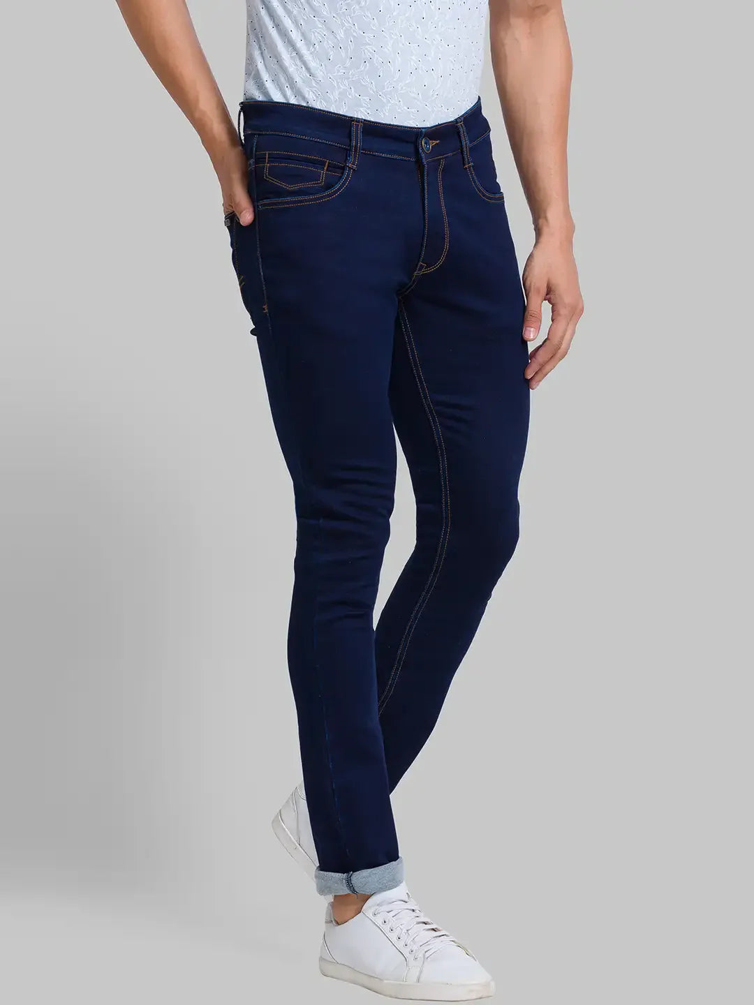 Men Blue Skinny Cropped Fit Jacquard Cotton Blend Jeans