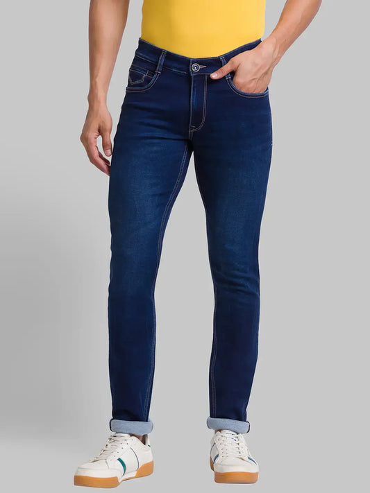 Men Blue Slim Tapered Fit Jacquard Cotton Blend Jeans