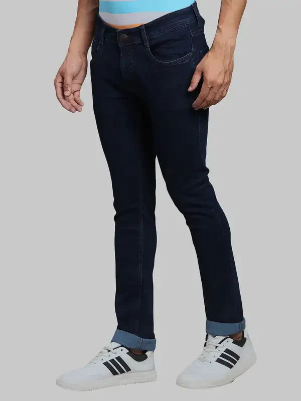 Men Blue Skinny Cropped Fit Plain Cotton Blend Jeans