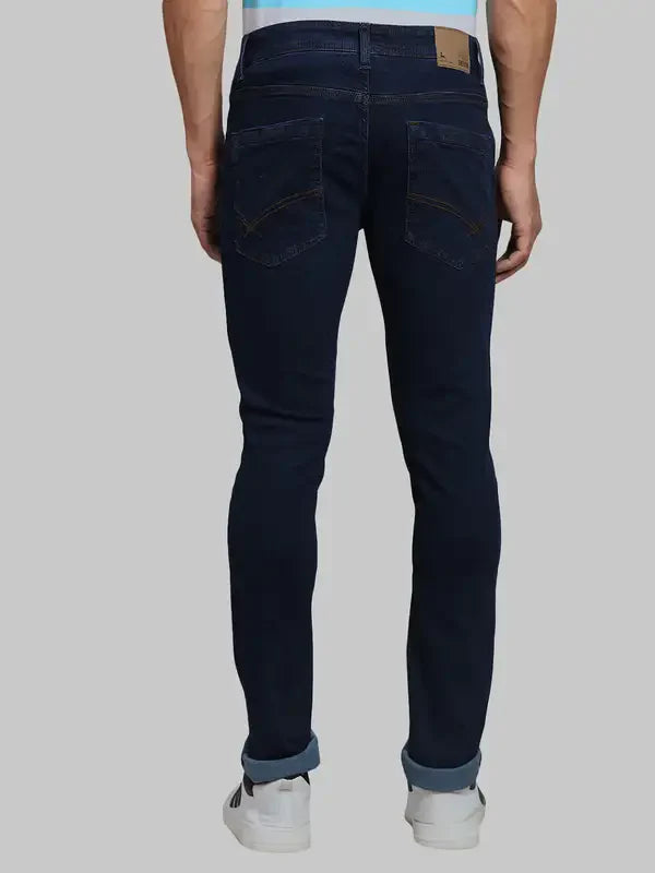 Men Blue Skinny Cropped Fit Plain Cotton Blend Jeans