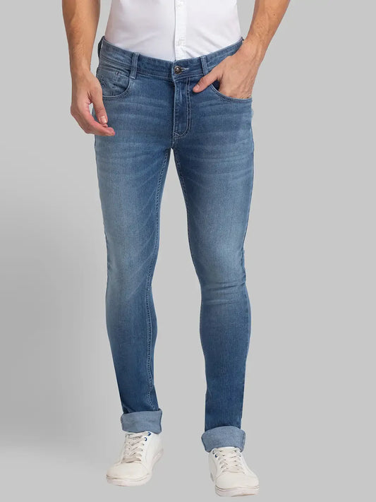 Men Blue Skinny Cropped Fit Plain Cotton Blend Jeans