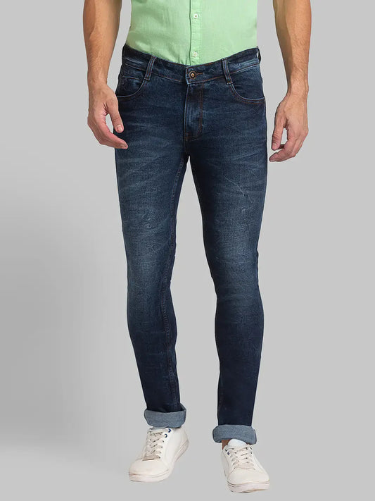 Men Blue Skinny Cropped Fit Plain Cotton Blend Jeans