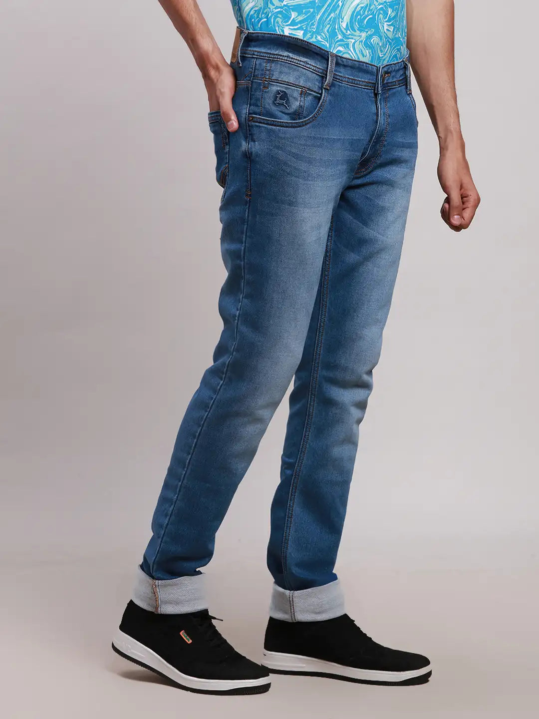 Men Blue Slim Tapered Fit Plain Cotton Blend Jeans