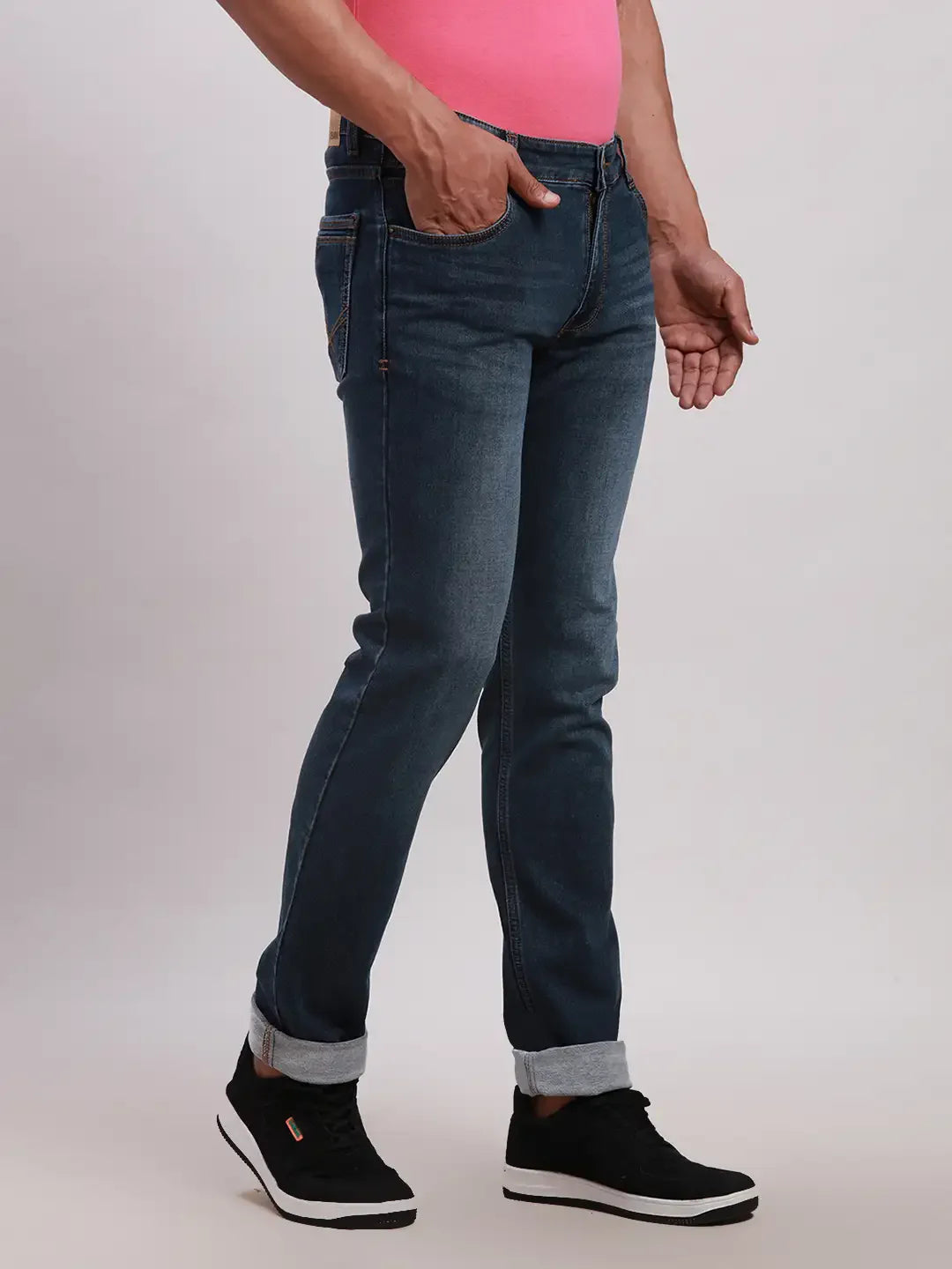 Men Blue Slim Tapered Fit Plain Cotton Blend Jeans
