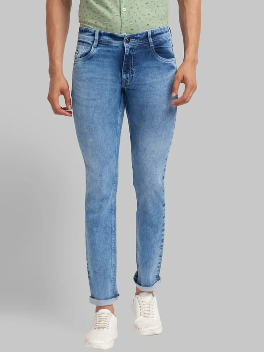 Men Blue Slim Tapered Fit Plain Cotton Blend Jeans