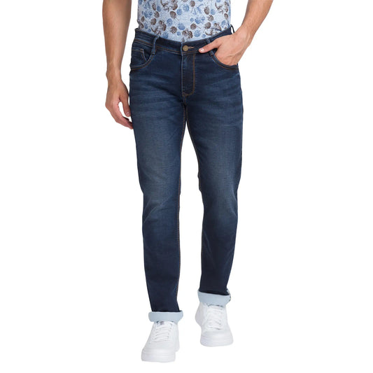 Men Blue Slim Tapered Fit Dobby Cotton Blend Jeans