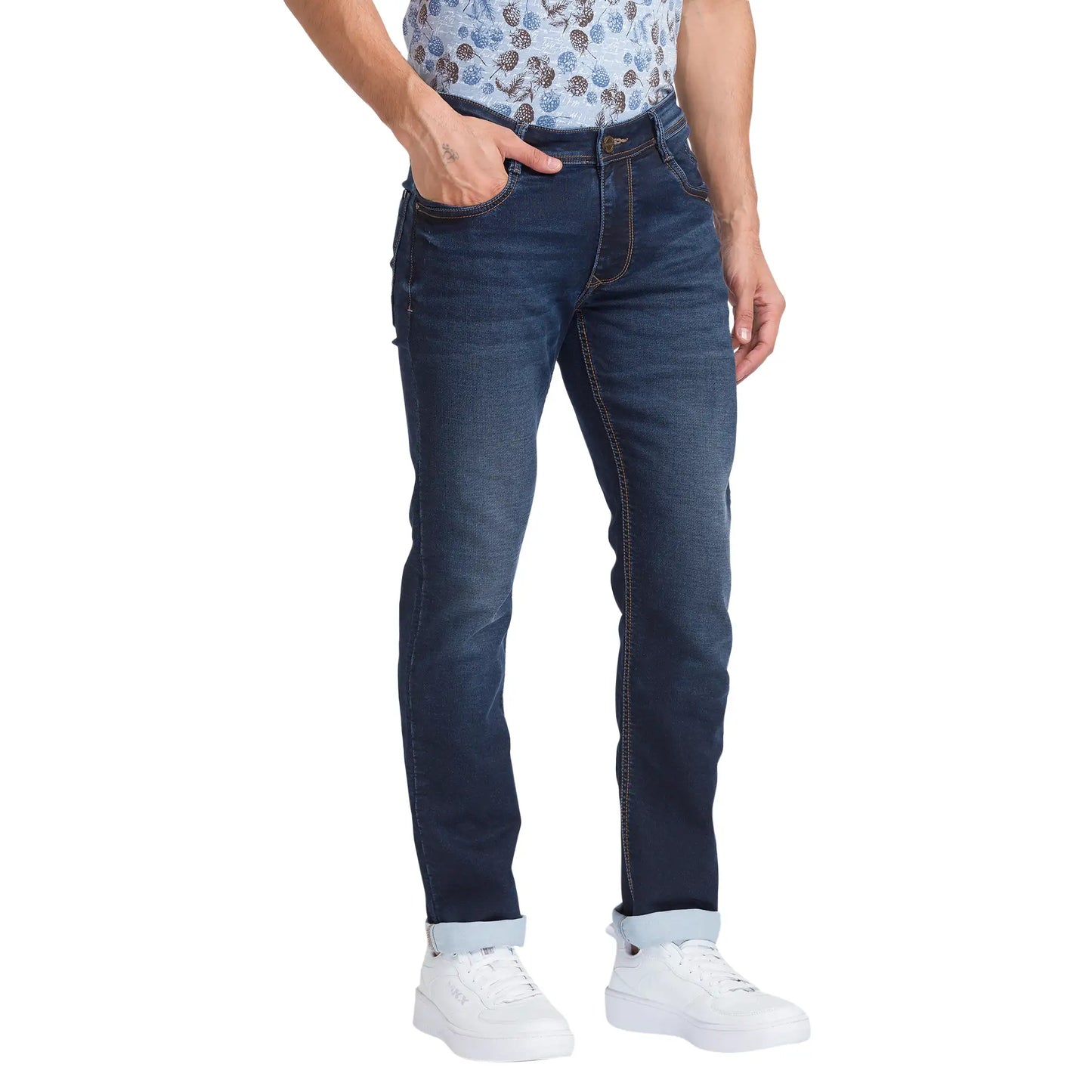 Men Blue Slim Tapered Fit Dobby Cotton Blend Jeans