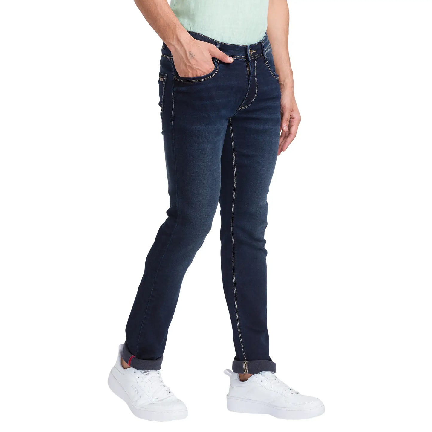Men Blue Slim Tapered Fit Dobby Cotton Blend Jeans