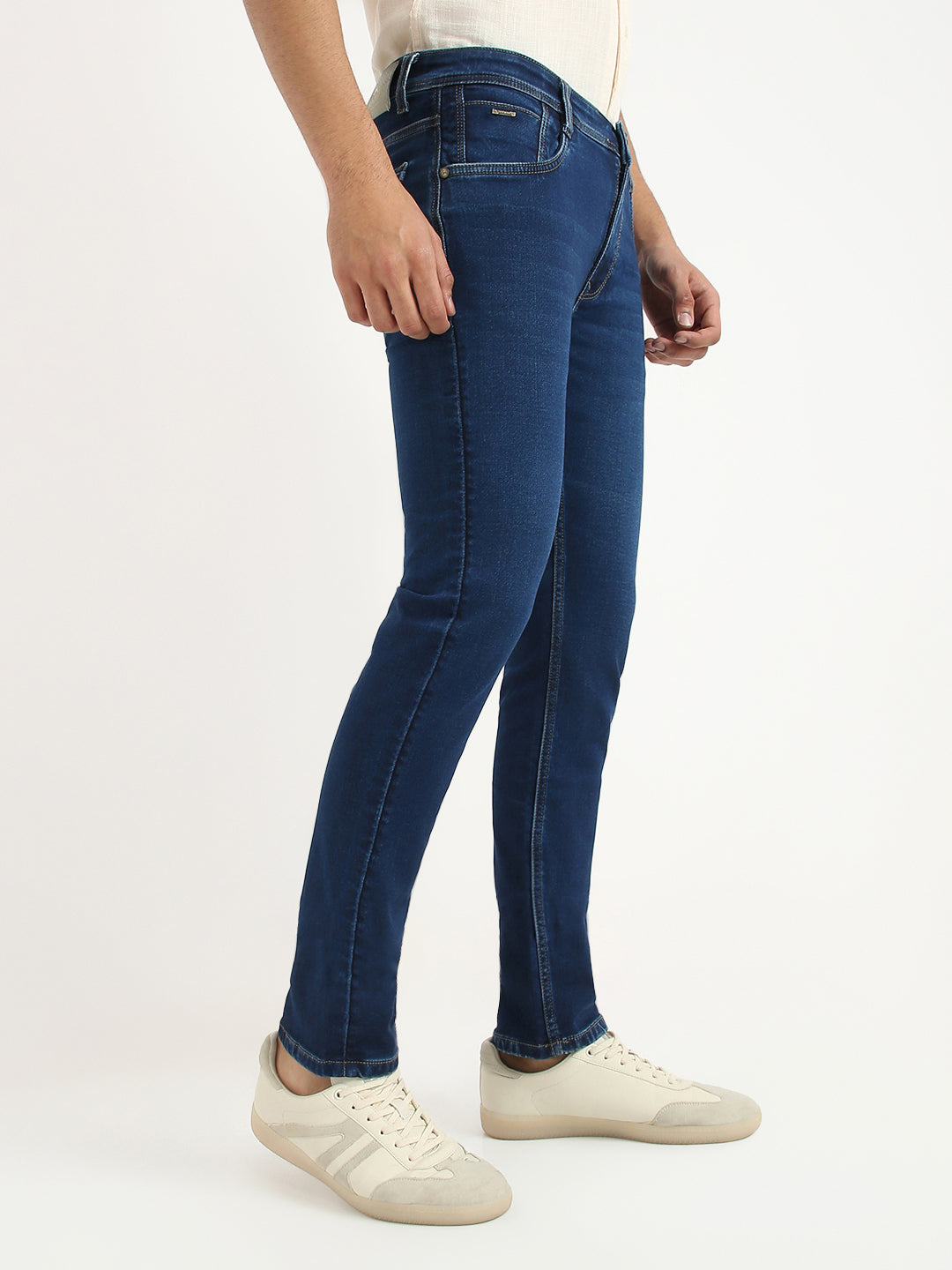 Parx Men Blue Dobby Low Rise Tapered Fit Cotton Blend Jeans