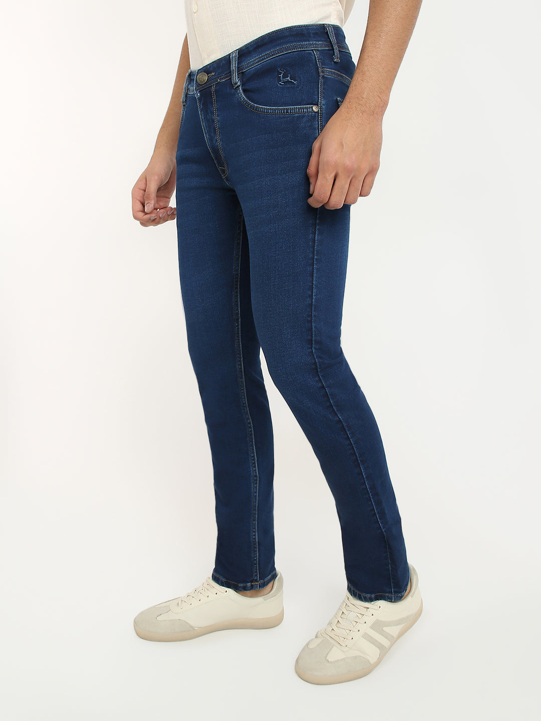 Parx Men Blue Dobby Low Rise Tapered Fit Cotton Blend Jeans