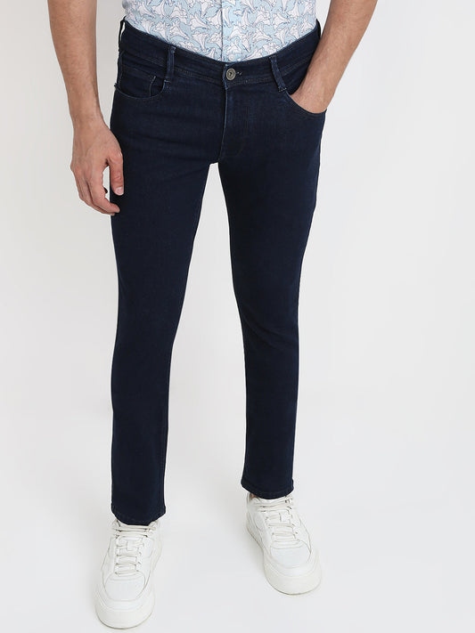 Parx Men Blue Twill Low Rise Tapered Fit Cotton Blend Jeans