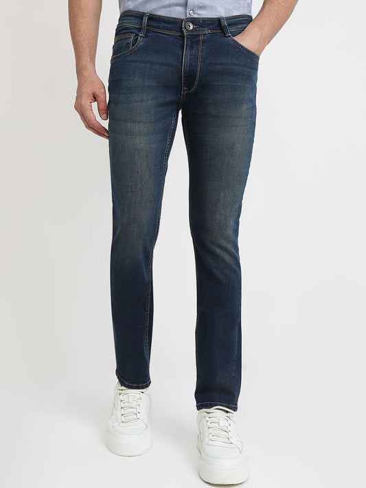 Parx Men Blue Twill Low Rise Tapered Fit Cotton Blend Jeans