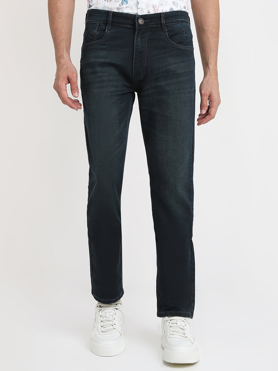 Parx Men Blue Knitted Mid Rise Straight Cotton Blend Jeans