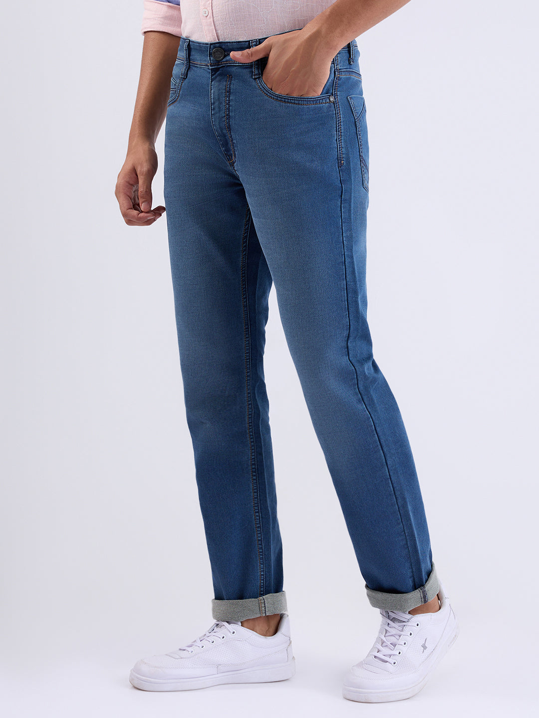 Parx Men Blue Knitted Mid Rise Straight Cotton Blend Jeans