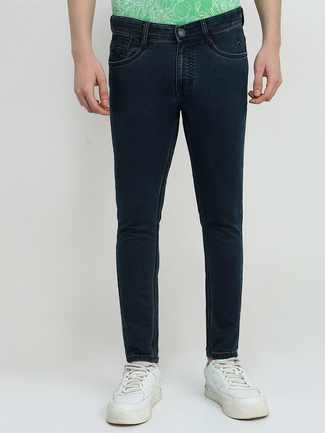 Parx Men Blue Knitted Low Rise Skinny Cropped Cotton Blend Jeans