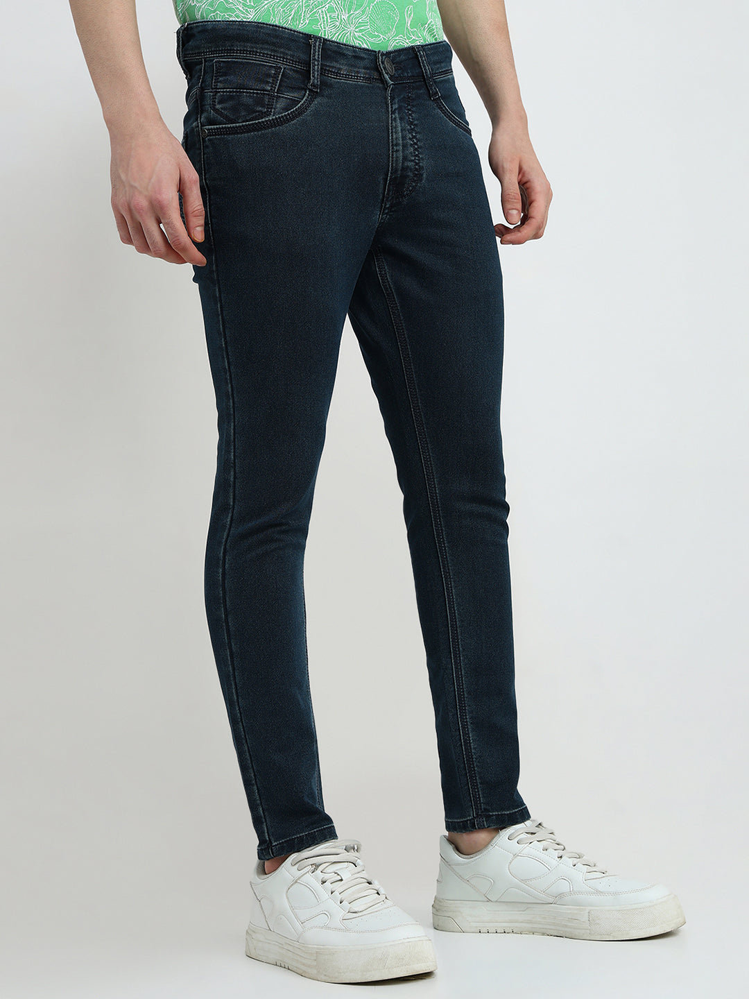 Parx Men Blue Knitted Low Rise Skinny Cropped Cotton Blend Jeans