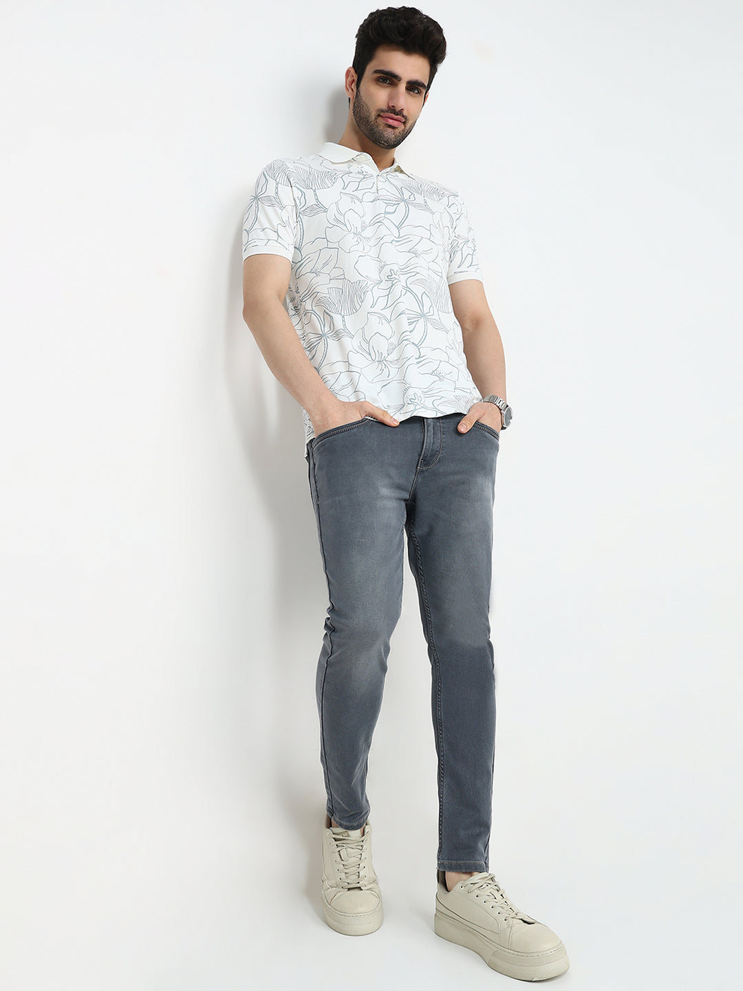 Parx Men Grey Knitted Slim Tapered Fit Cotton Blend Jeans