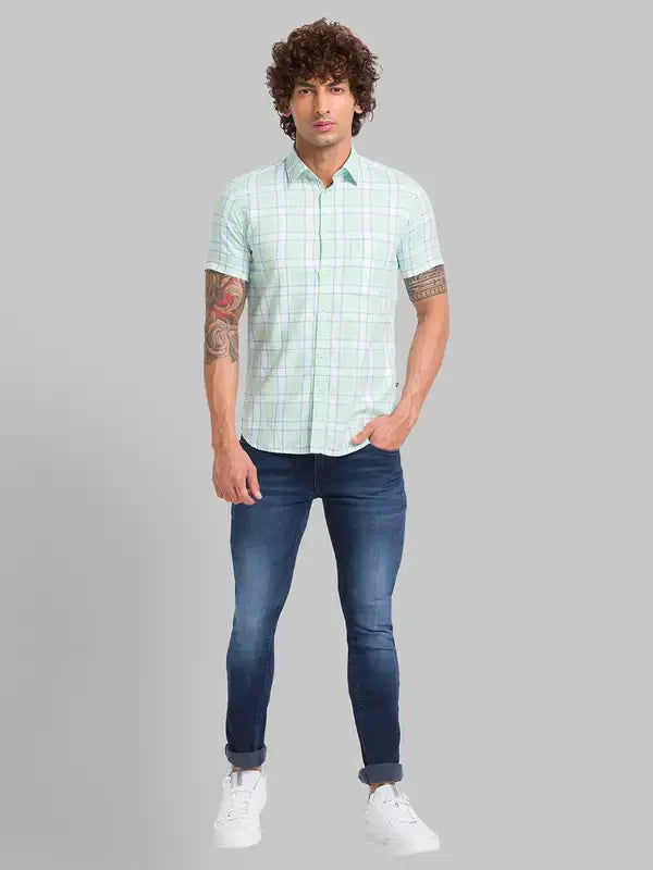 Men Blue Skinny Cropped Fit Dobby Cotton Blend Jeans
