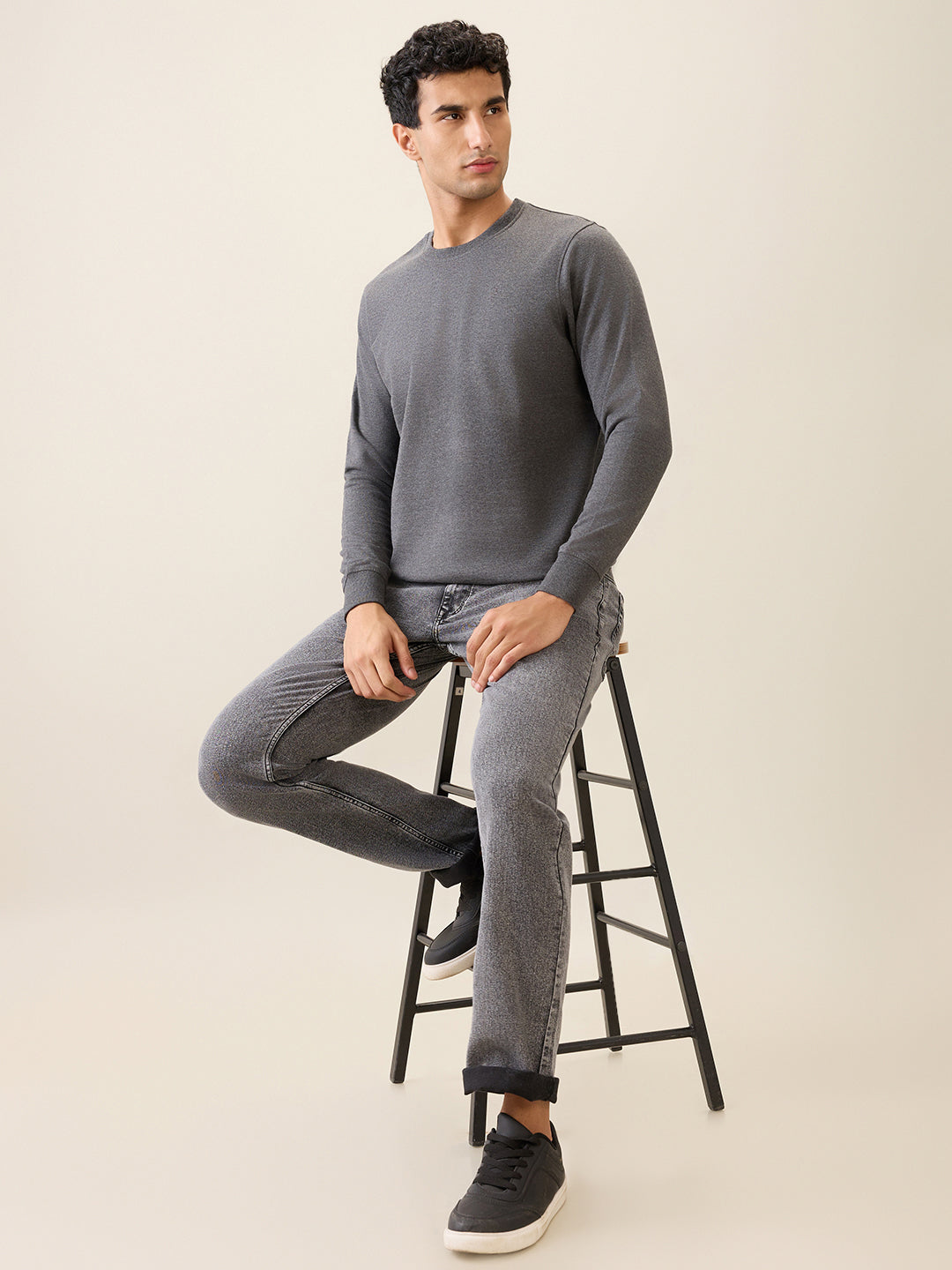 Parx Men Grey Solid Regular Fit Cotton Blend Full Sleeve Round Neck Collar Sweatshirt